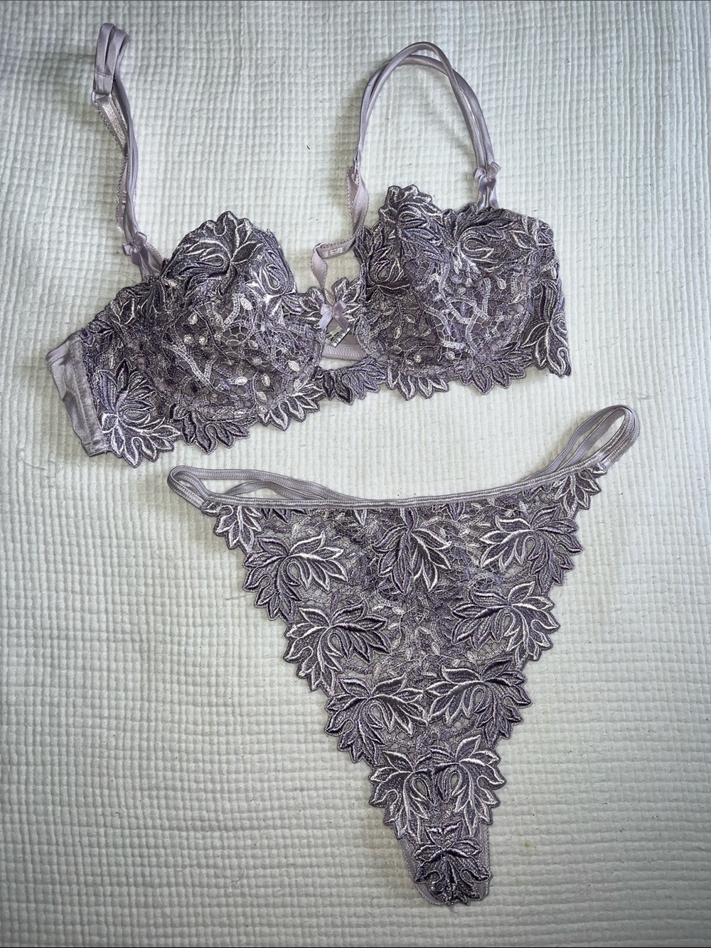 Embroidered Lace Bralette & Thong Set in Dusty Lavender